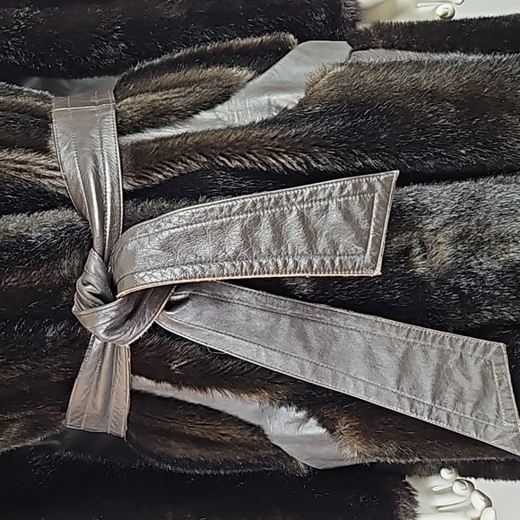 Vintage Tissavel France Faux Fur & Leather Chocolate Brown 70s Glam Belted Coat - Picture 5 of 16